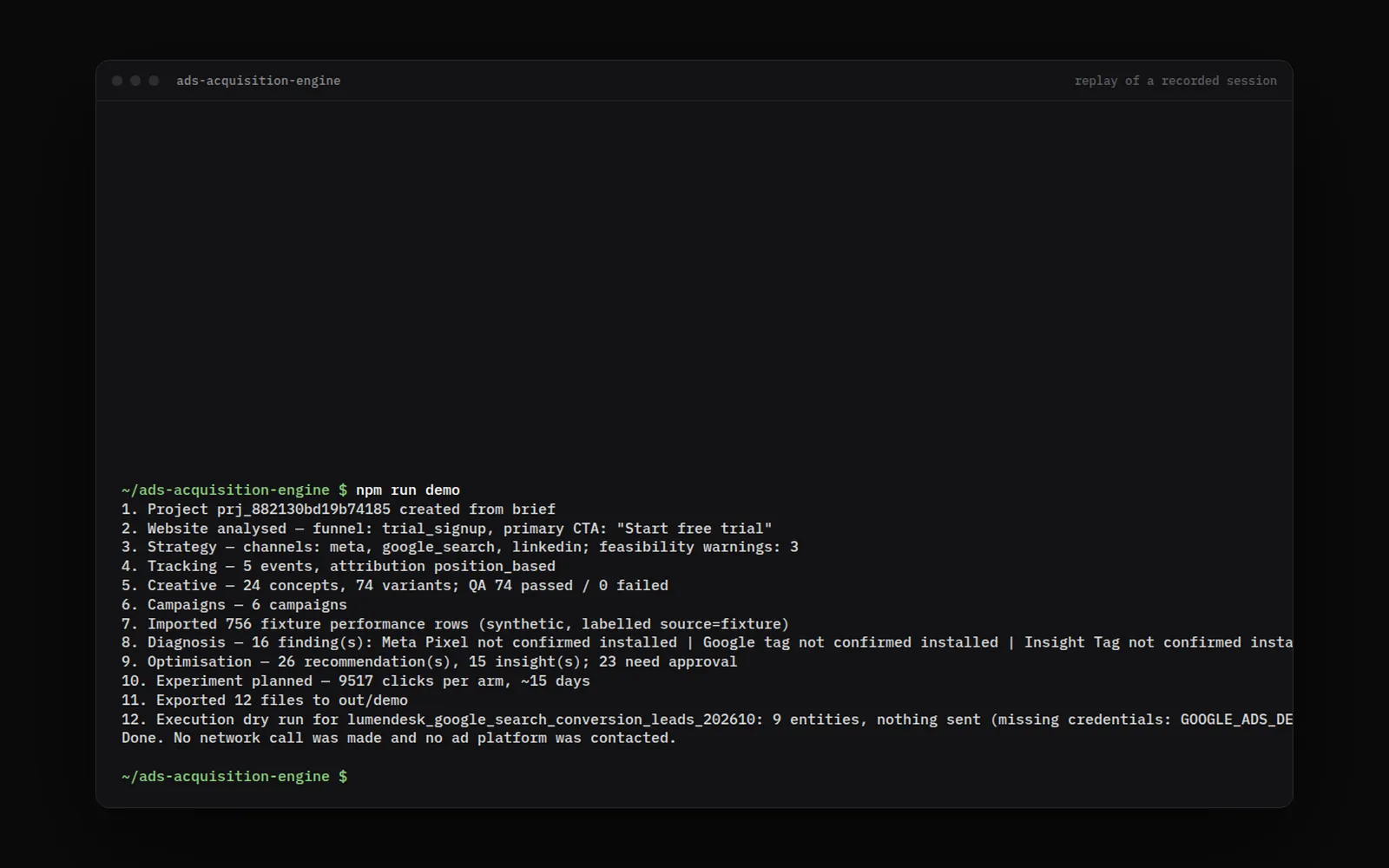 The offline demo in a terminal: brief → website analysis → strategy → tracking → creative and QA → campaigns → diagnosis → export → dry run, with no platform contacted