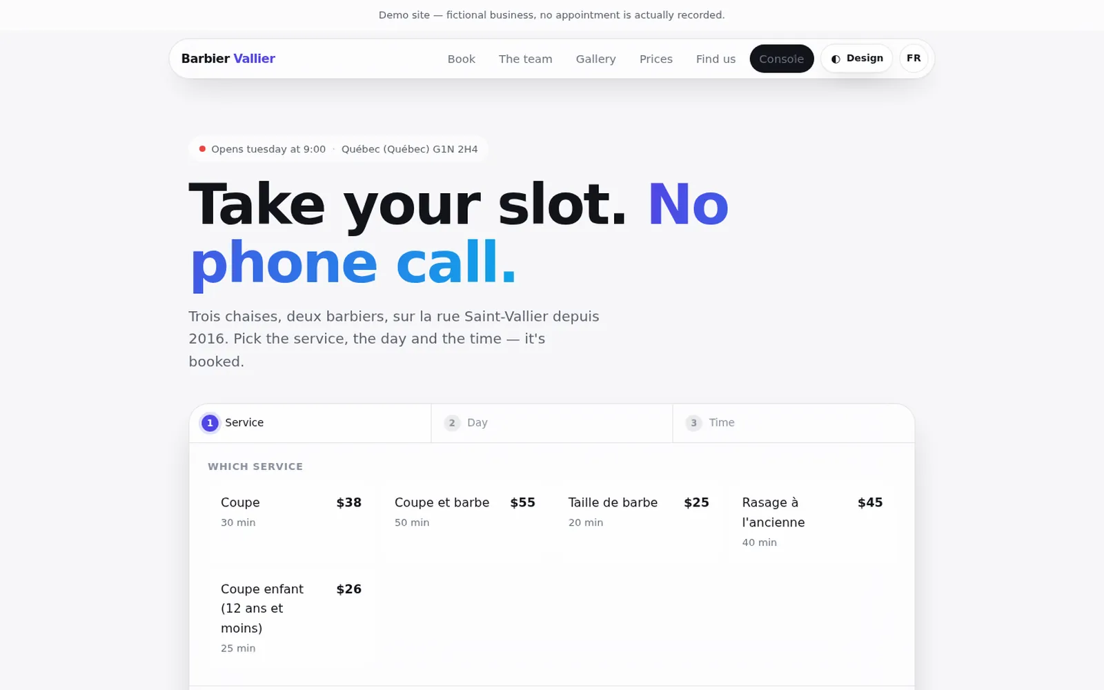 The demo shop’s booking page: "Take your slot. No phone call." with the three-step booking form