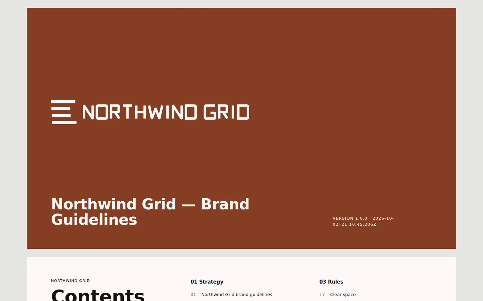 Generated brand book cover for the fictional brief Northwind Grid