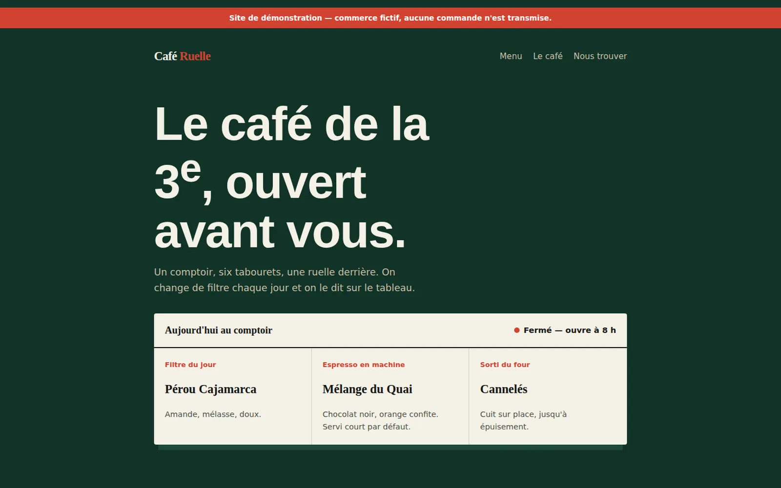 Café Ruelle home page: the open/closed status and the day’s board (filter, espresso, oven)