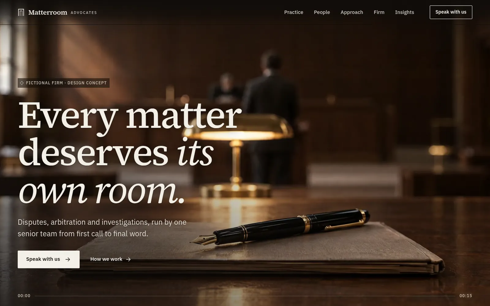 Matterroom home hero: "Every matter deserves its own room." over the first frame of the courtroom film