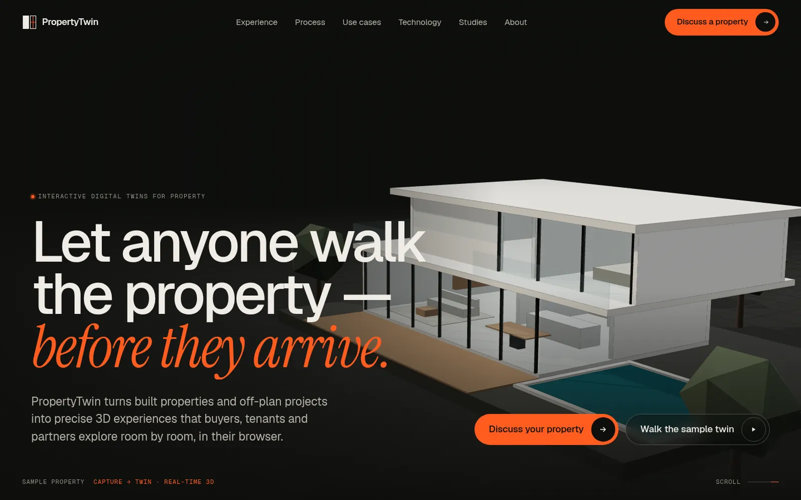 PropertyTwin home page: the headline "Let anyone walk the property — before they arrive" beside the 3D sample villa