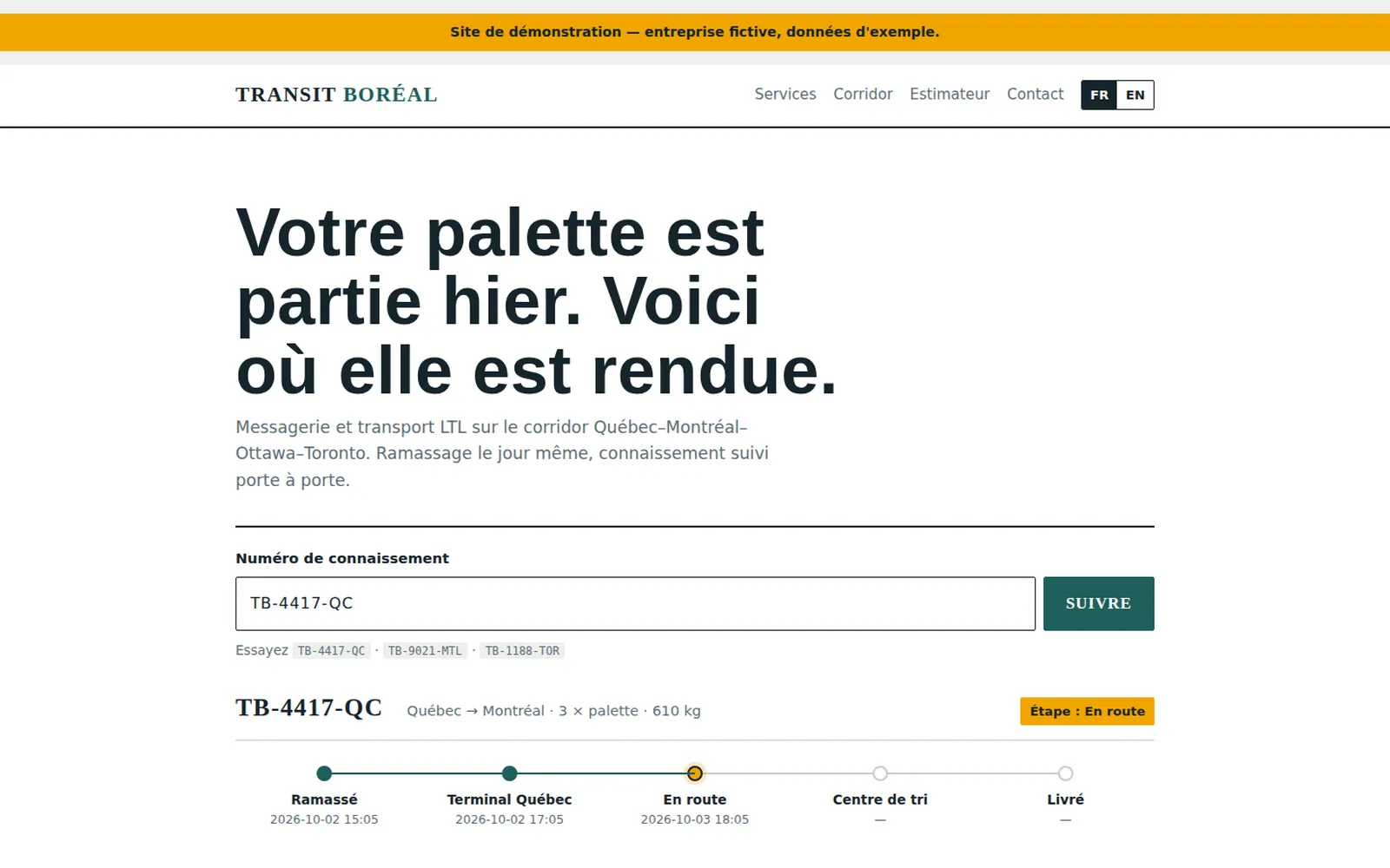 Transit Boréal home page: waybill TB-4417-QC tracked on its four-step progress rail